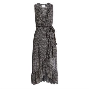 MISA Los Angeles Mari Surplice Dot Print Ruffle Sleeveless Wrap Dress